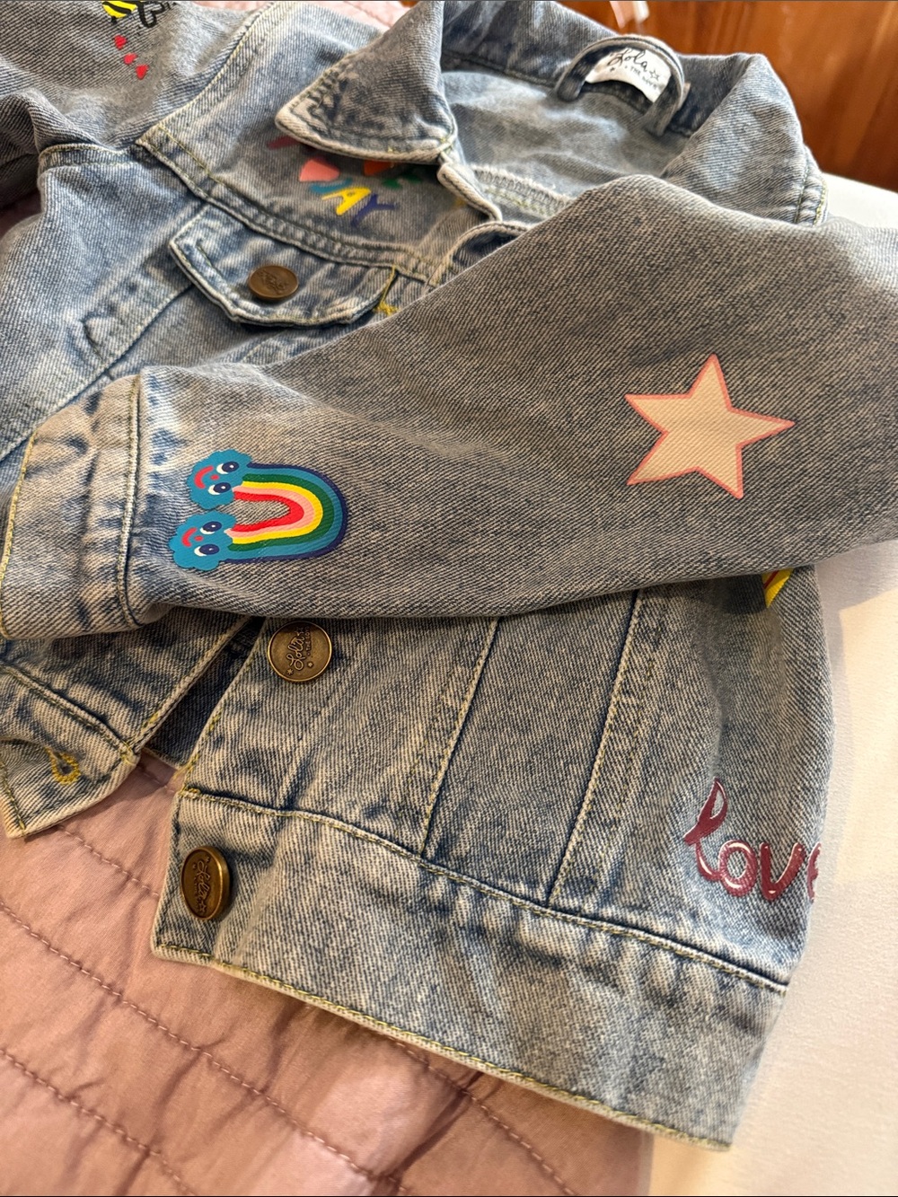 Lola + The Boys Light Blue Denim Jacket with Colorful Patches - Picture 2 of 3